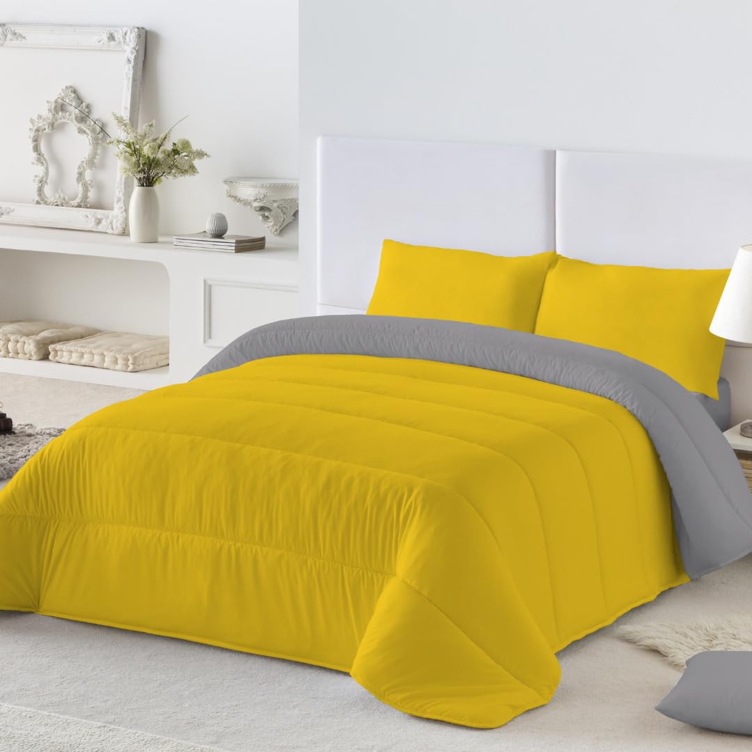 NATURALS - Edredón Nórdico 300 Gramos Liso Bicolor - Reversible - Microfibra Extrasuave - Acolchado Gran Confort y Transpirable - Mostaza/Gris - Cama 90/105 (180x260 cm) - Fabricado en España