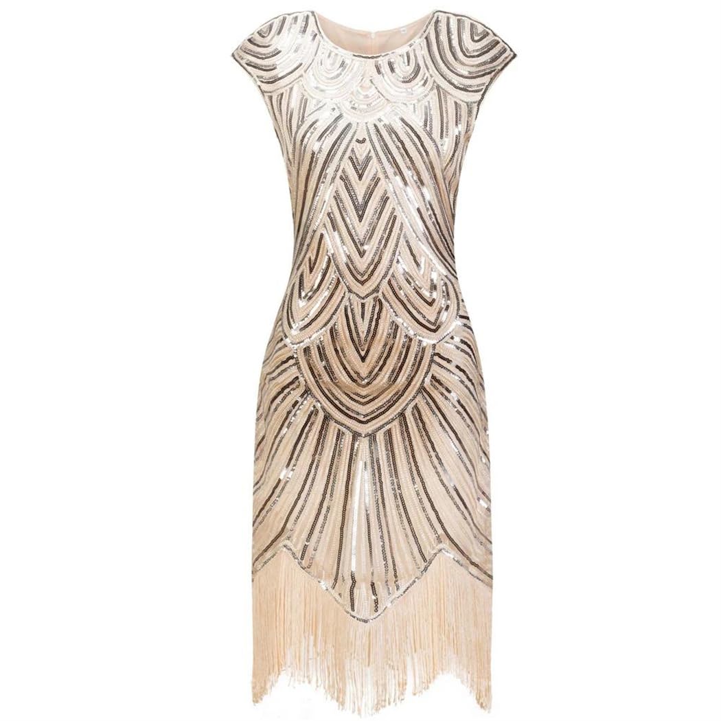 Vestido vintage de verano para mujer, cuello redondo, manga casquillo, flecos y lentejuelas, vestido midi de fiesta