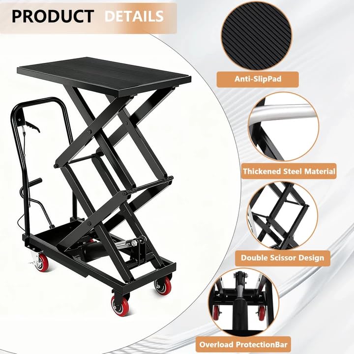Image of GarveeTech Hydraulic Lift Table Cart, 770Lbs Load Capacity 59 Inch Lifting Height, Manual Double Scissor Lift Table with Non-Slip Pad and 4 Wheels,Hydraulic Scissor Cart (770lbs-Double-Black)