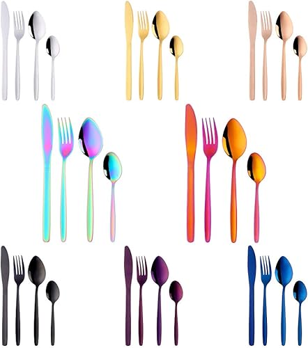 BuyGo - Juego de cubiertos de 32 piezas para 8, de acero inoxidable, multicolor, para campamento, pulido a mano, apto para lavavajillas