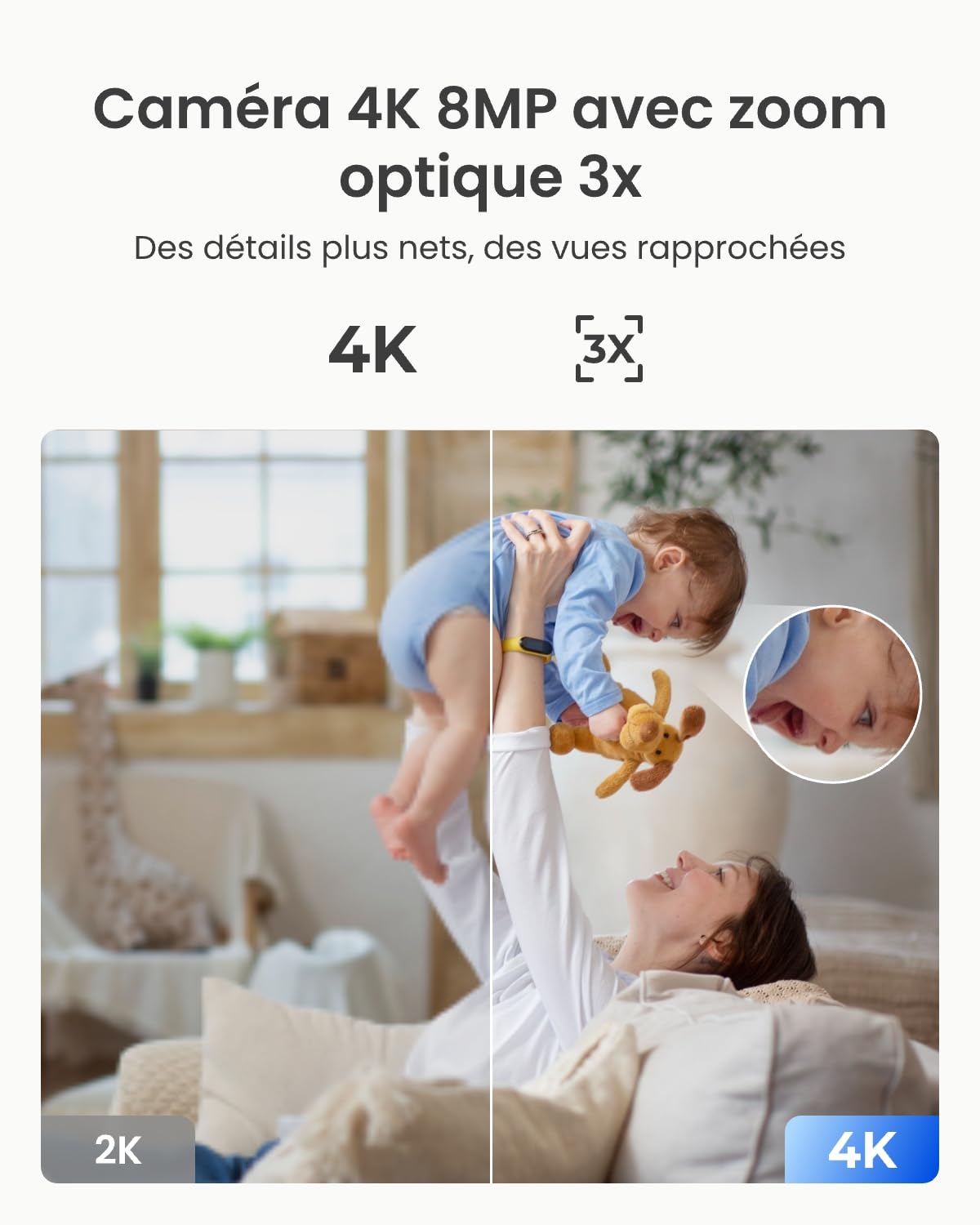 Reolink 4K 360° Caméra Surveillance WiFi Intérieure, Wi-FI 6 Bi-Bande Caméra Bébé, Détection de Personne/Animaux/Pleurs, Zoom Optique 3X, Suivi Auto, Vision Nocturne, E1 Zoom
