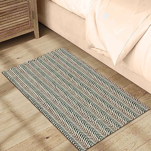 Tapis rectangulaire moderne style bohème en coton lavable beige - 2