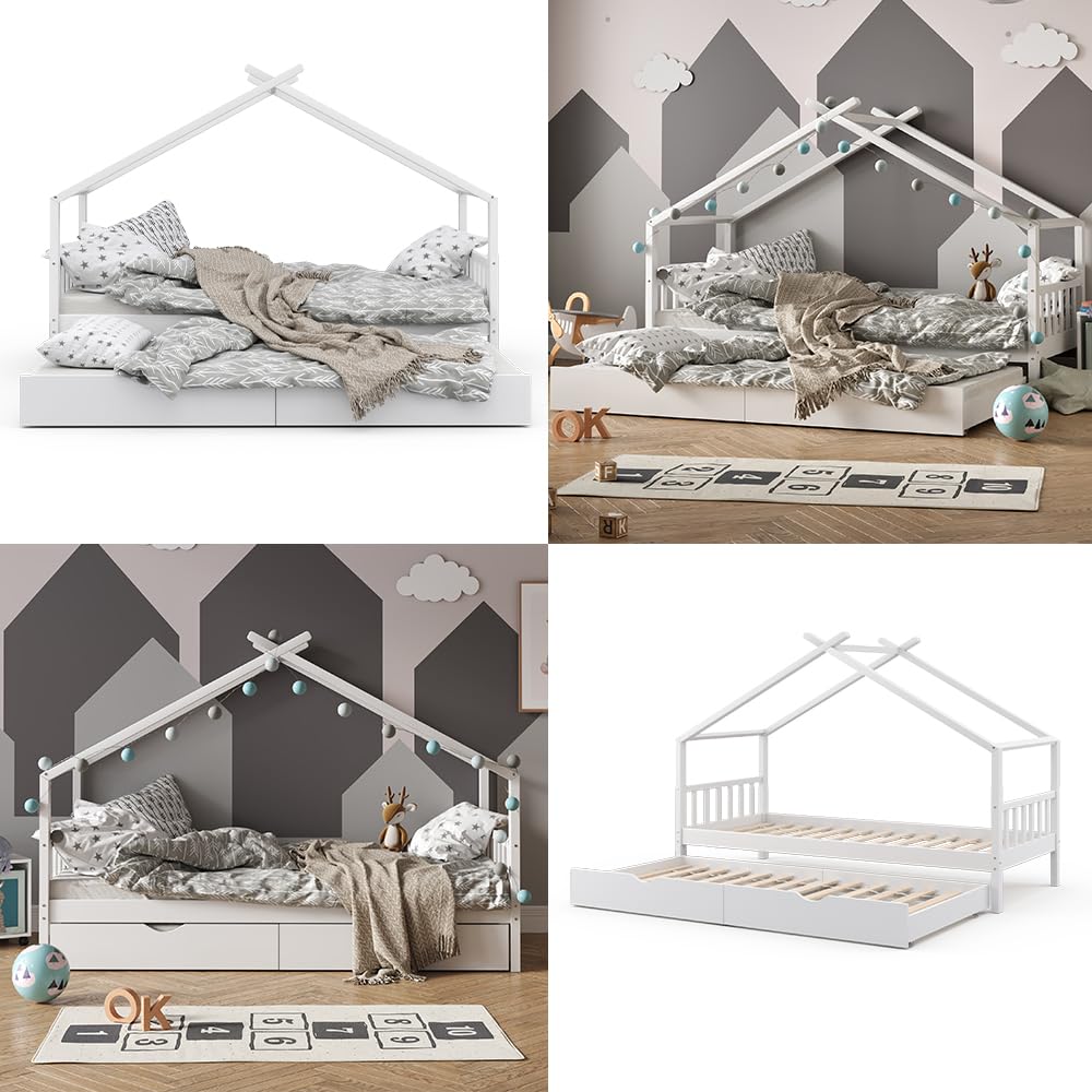 VitaliSpa Letto montessori bambini Design, Bianco, 90x200 cm con letto per ospiti, con sponda anticaduta e rete a doghe per un sonno sicuro