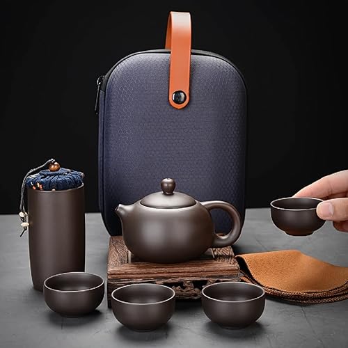 Zisha - Juego de té tetera de viaje mini juego de té Gungfu juego de té chino de porcelana con bandeja infusor de té 4 tazas de té bolsa de té de