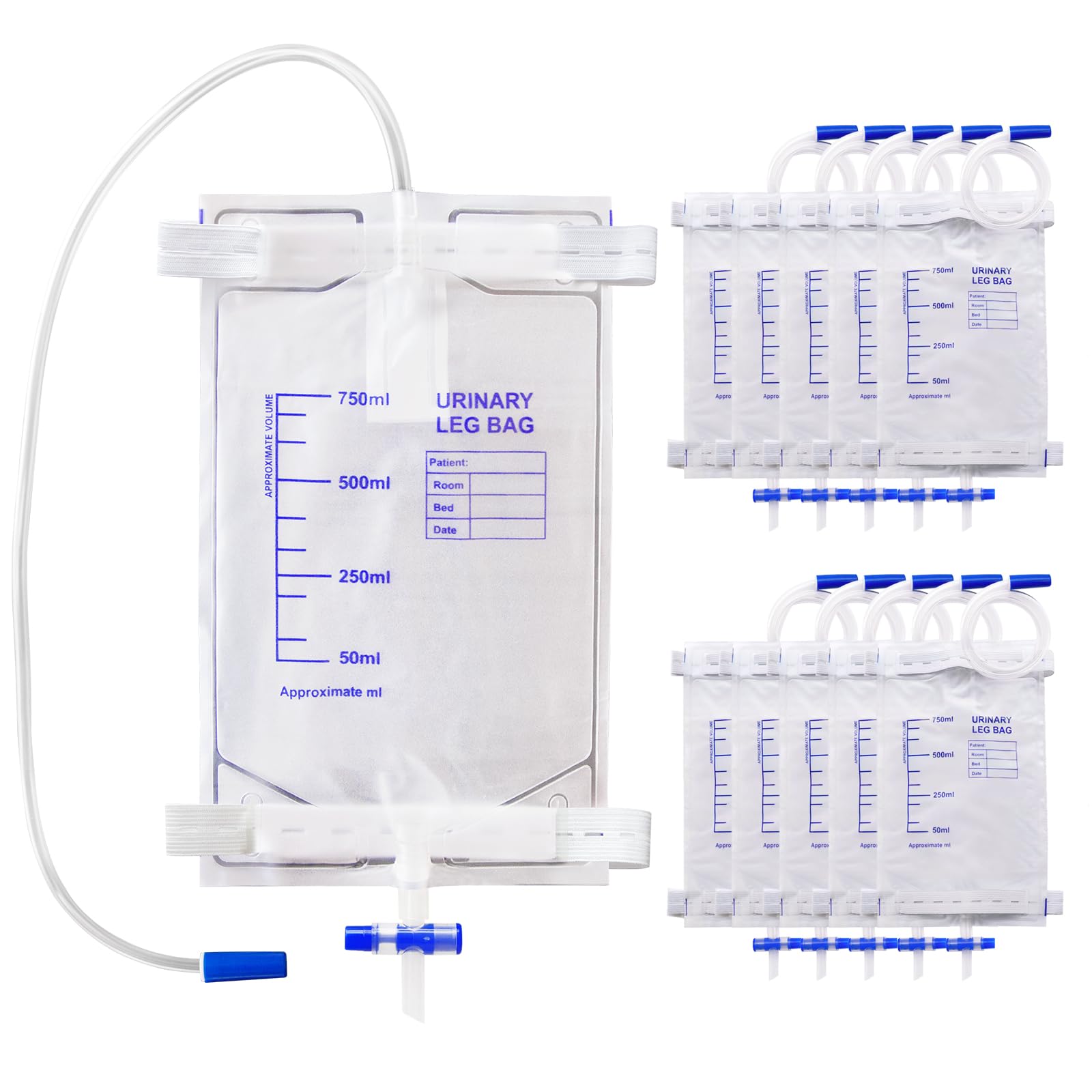 Bolsa de Drenaje de, 10 Piezas Bolsa de Orina 750ml, Bolsas de Drenaje de Orina con PelíCula Antirreflujo Bolsa de Recogida de Orina con VáLvula Drenaje en T, Drenaje Y Correas de Tela