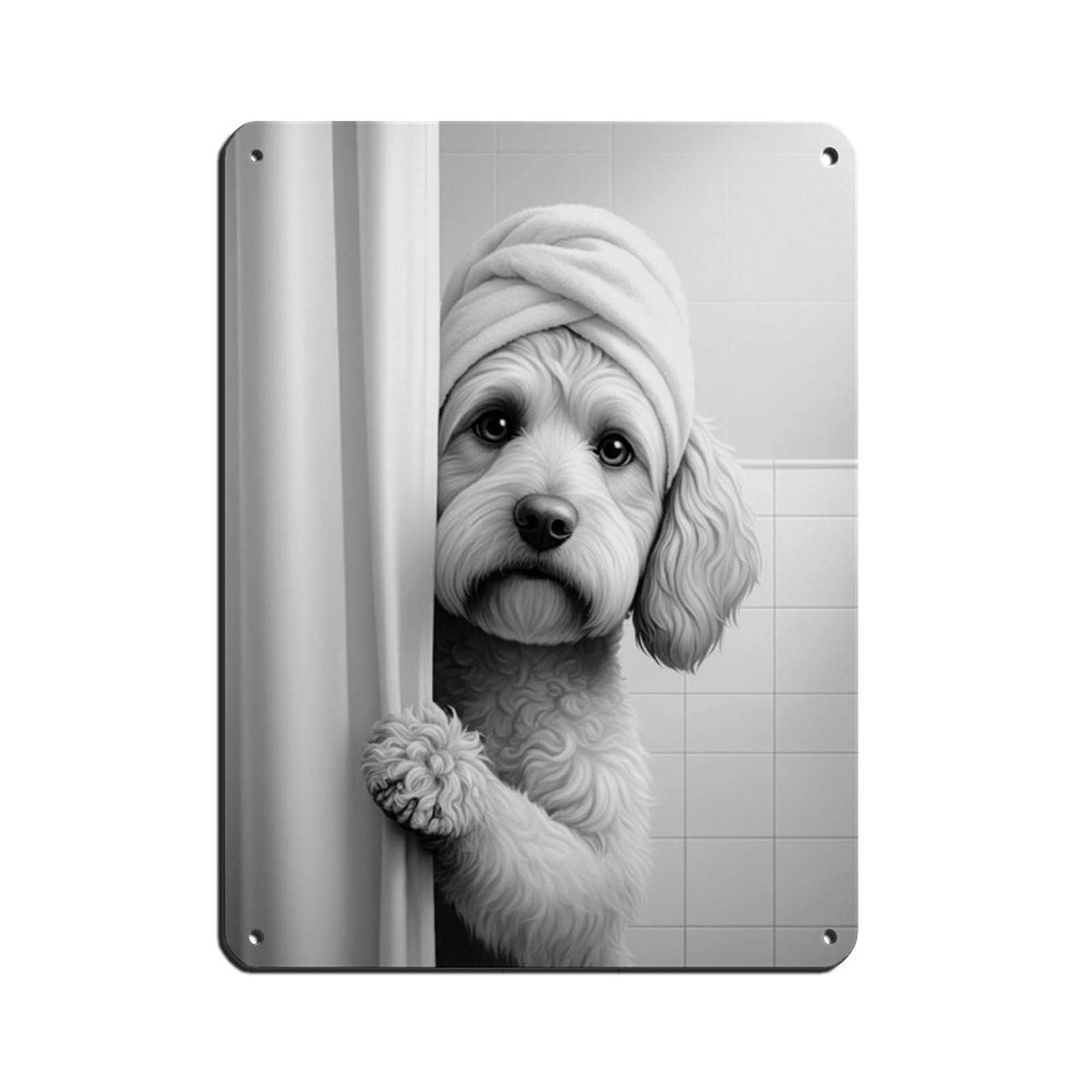 Cockapoo Peeking Out of Shower Curtain Poster Tin Sign Vintage Metal Pub Club Cafe Bar Home Wall Art Decoration Poster Retro 12x16inch(30x40cm)