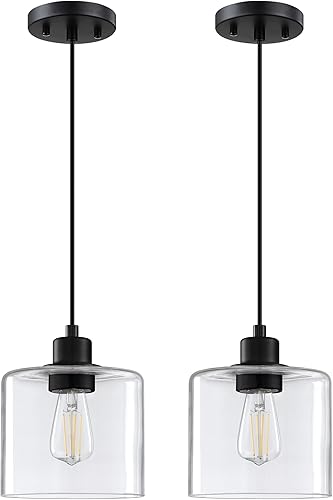 Paquete de 2 lámparas colgantes vintage con acabado de bronce aceitado de 6.5 pulgadas, pantalla moderna de vidrio soplado transparente clásico para