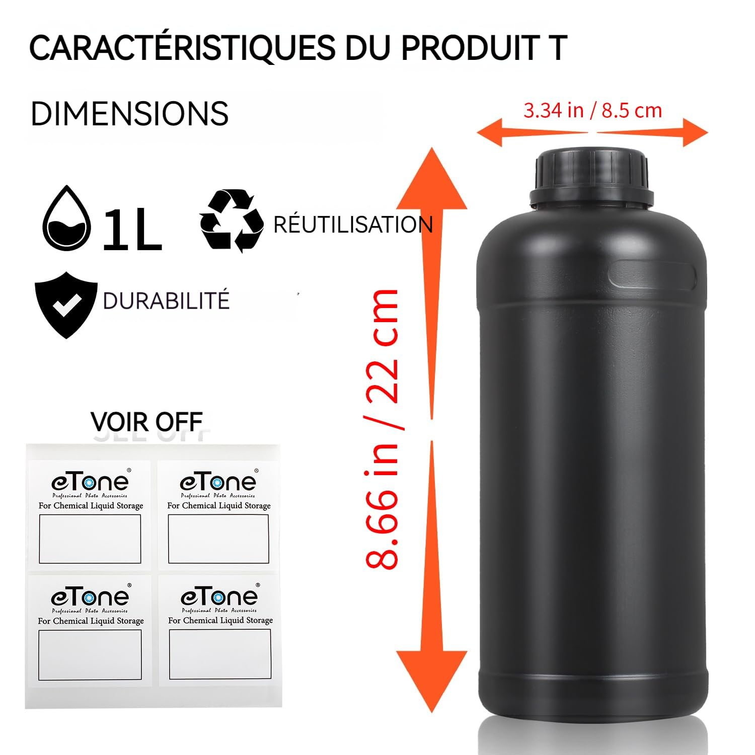 Lot de 3 pièces de 1L (1000ml) pour Chambre Noire. Bouteilles de Stockage en Plastique pour chimies de Film Photographique (3X 1L Bouteilles Noires)