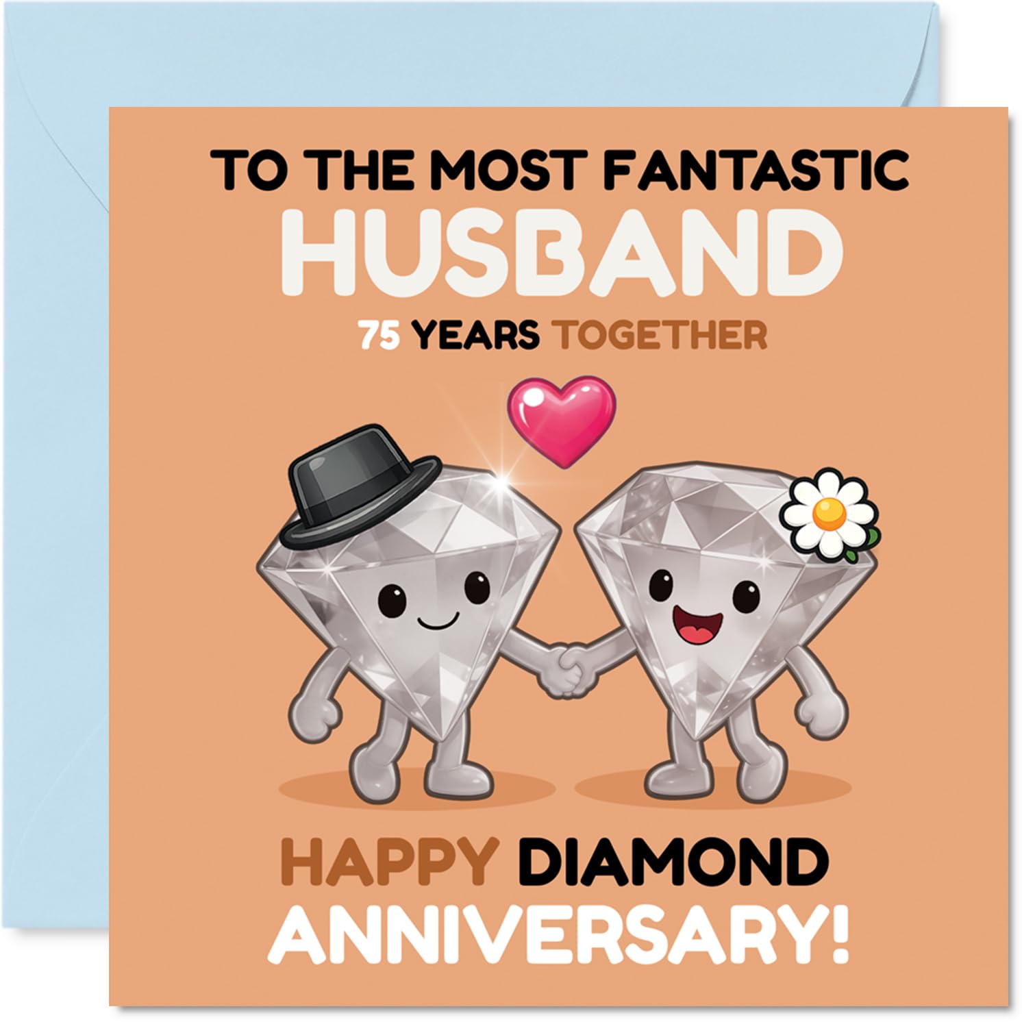 Playful 75th Anniversary Card for Husband - Celebrating 75 Sparkling Years - Adorable Diamond Duo Design with Pops of Pink and Orange - 145mm Square, Envelope Included