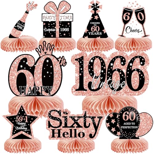 Image of 9Pcs 60th Birthday Decorations Honeycomb Centerpieces for Women, Rose Gold Pink Happy 60th Birthday Centerpieces Tables Toppers Party Decorations Supplies, Vintage 1966 Aged Table Sign Decor