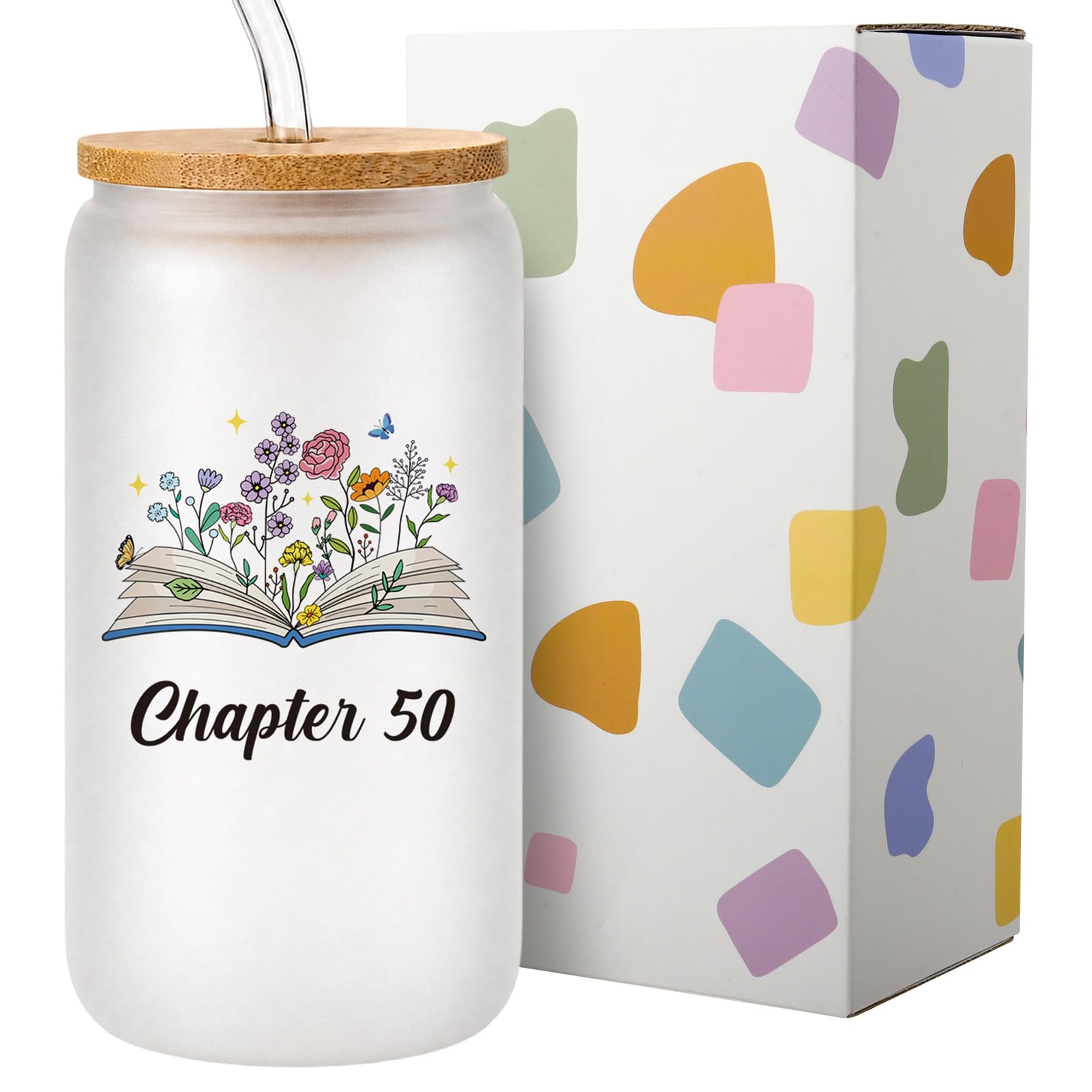 saerryor 50th Birthday Gifts for Women, Frosted 16 oz Glass Iced Coffee Cup