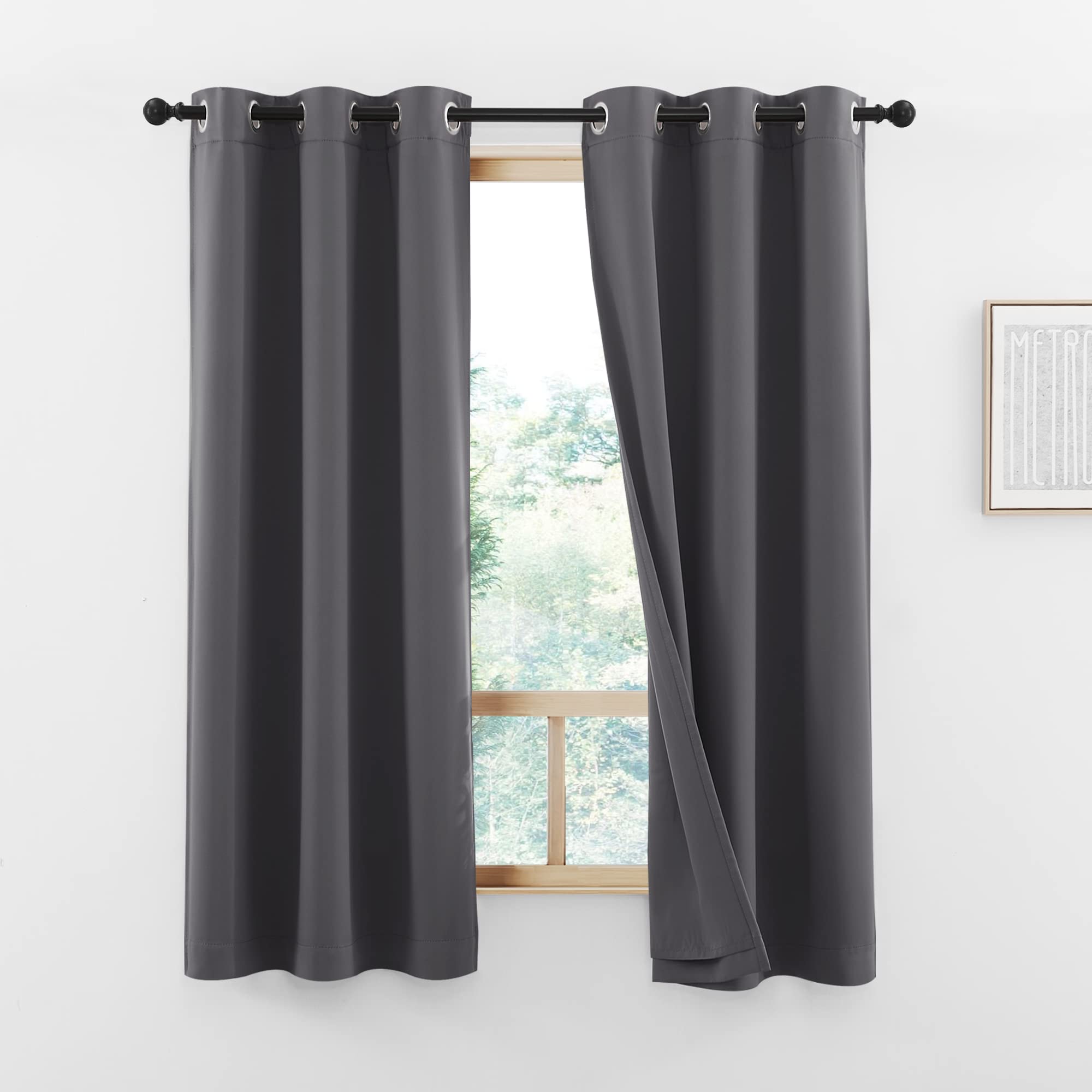 NICETOWN 100% Blackout Curtains with Same Color Liners, Solid Thermal Insulated Full Blackout 2-Layer Lined Drapes, Energy Efficiency Window Draperies for Bedroom (2 Panels, 42" W x 63" L, Dark Grey)