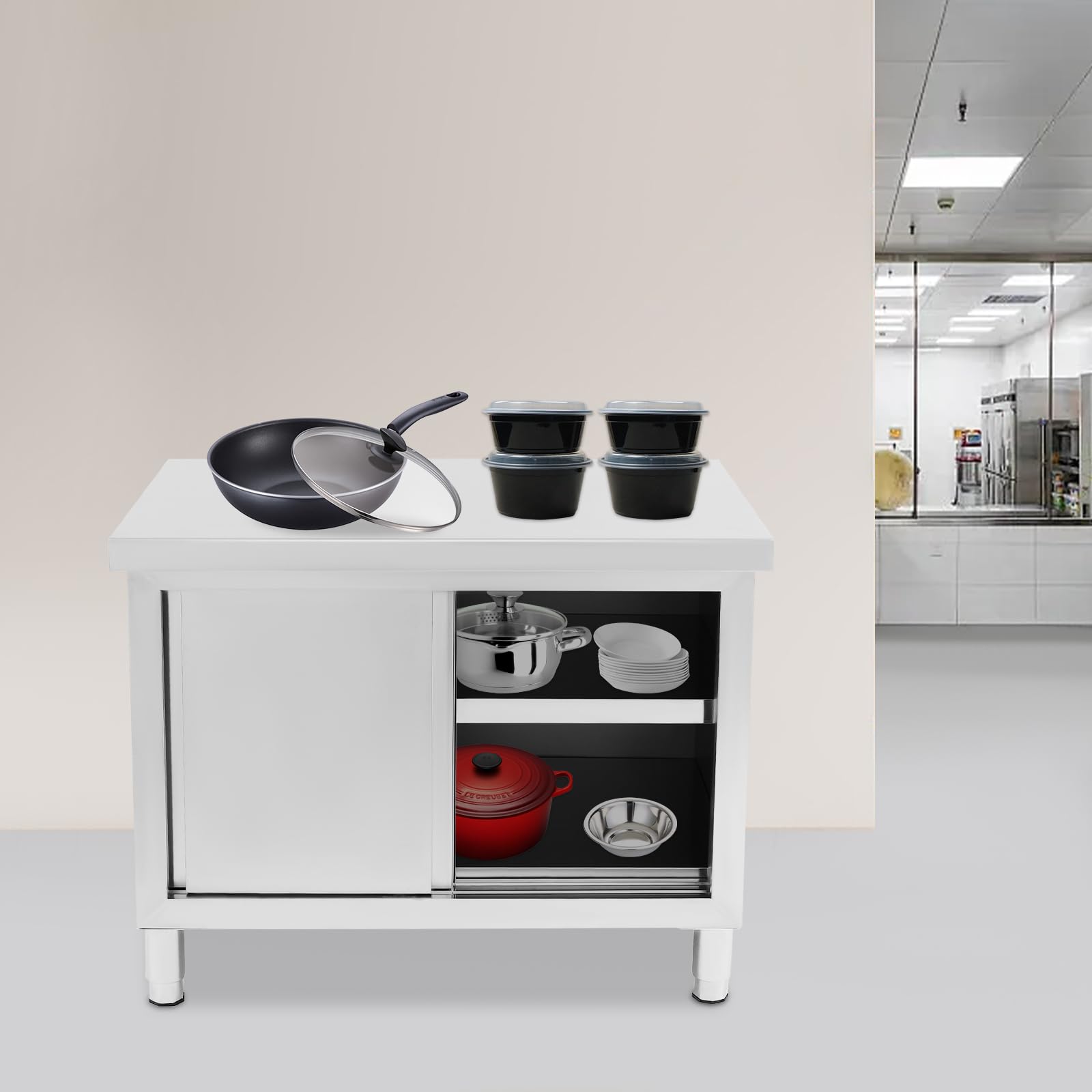 Tavolo da lavoro in acciaio inox con ante scorrevoli, tavolo da lavoro da cucina, 100 x 50 x 95 cm, isola da cucina, 3 livelli, ergonomico (37,4") per ristorante, laboratorio, casa