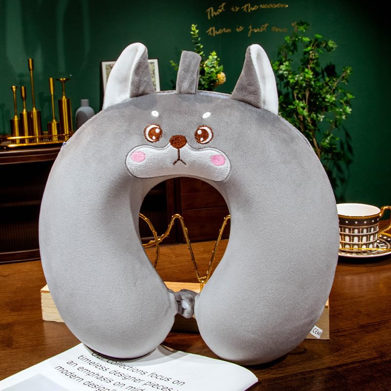 VICKYPOP Animal Neck Pillow Cute Cartoon Memory Cotton Stuffed U-Shaped Travel Plush Pillow (Gray Husky, 11.8 inches)