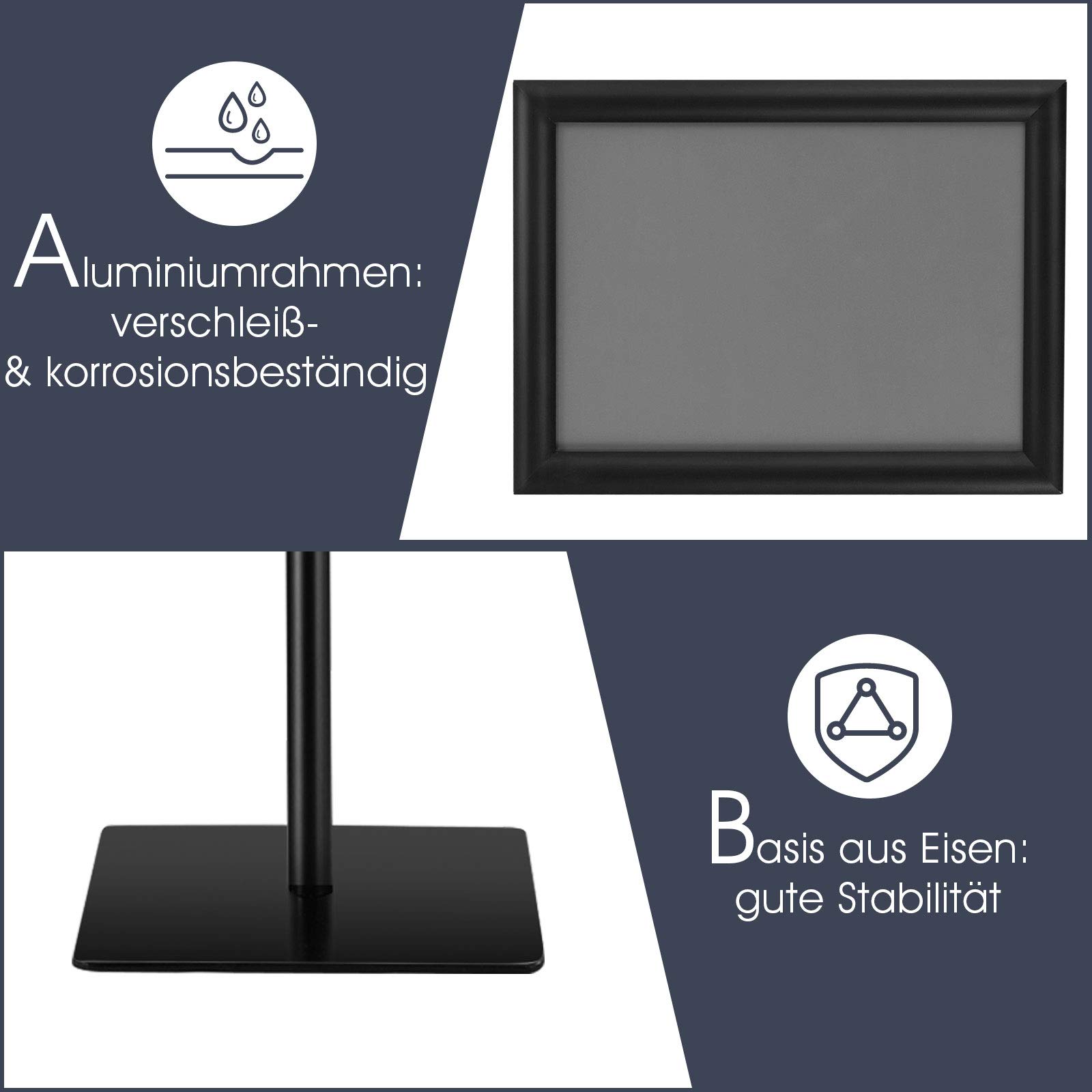 RELAX4LIFE Soporte para carteles de pie (altura regulable, 73,5-118 cm, 78,5-123 cm, aluminio, expositor horizontal o vertical, para bodas, exposiciones, revistas y menús (A4, negro)