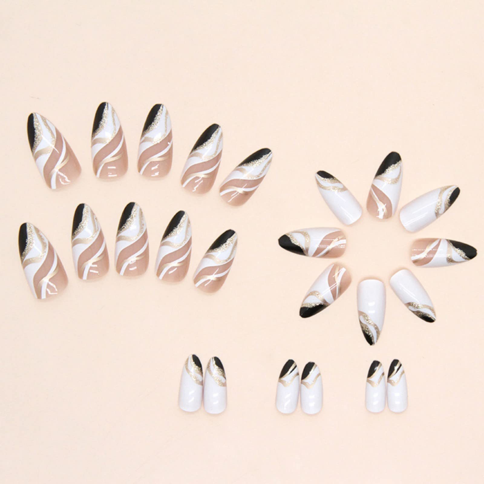 JUSTOTRY 24 Pcs Gold Stripes Almond Short False Nails,Black French Press on Nails Pattern - Image 2
