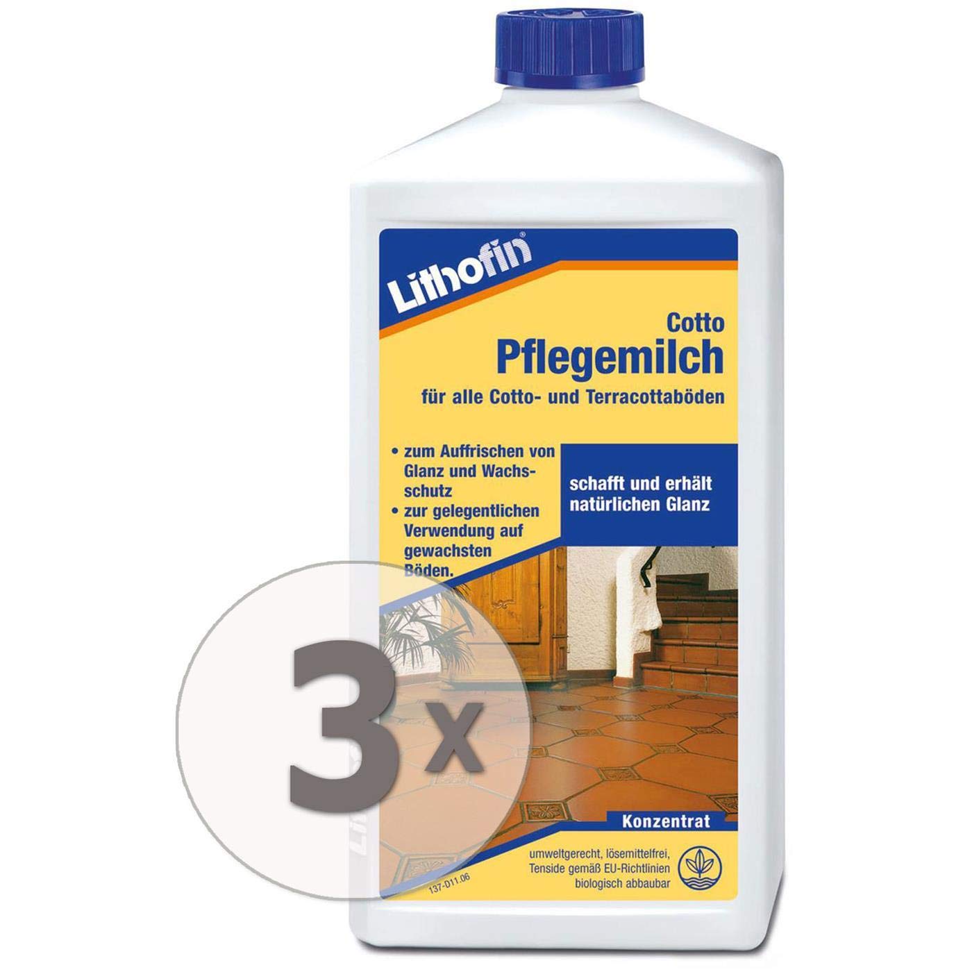 3 x Lithofin Cotto cuidado leche – Terracota suelo – brillante – Protección Cera – 1 litros – disolventes.