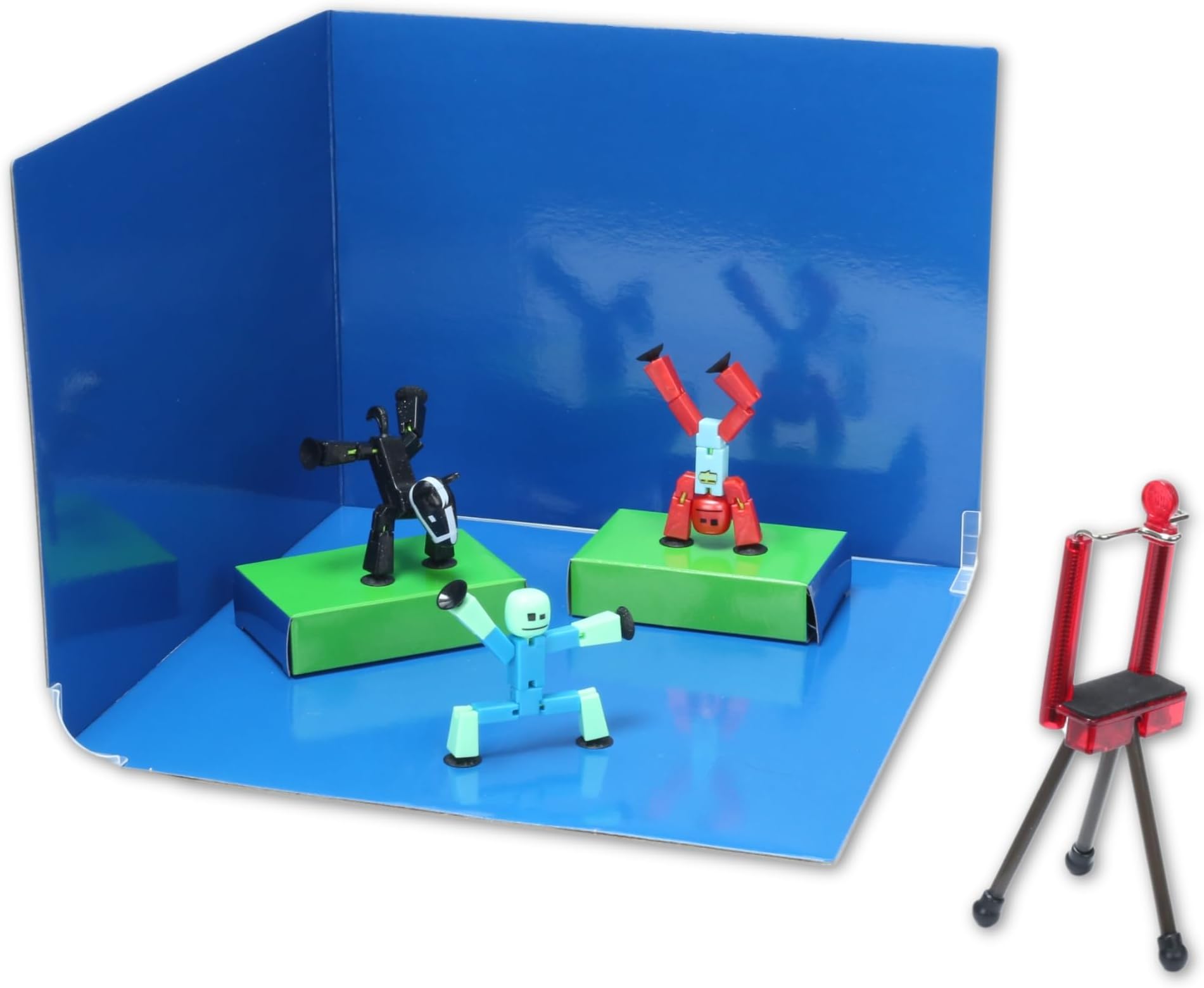 ZING Stikbot Zanimation What The Bot Special Action Figures and Animation Set, Includes 3 Stikbots, 1 Mobile Phone Tripod 2-in-1 Stage, Stop Motion Animation, Great Kids Ages 4 Up, Blue,green