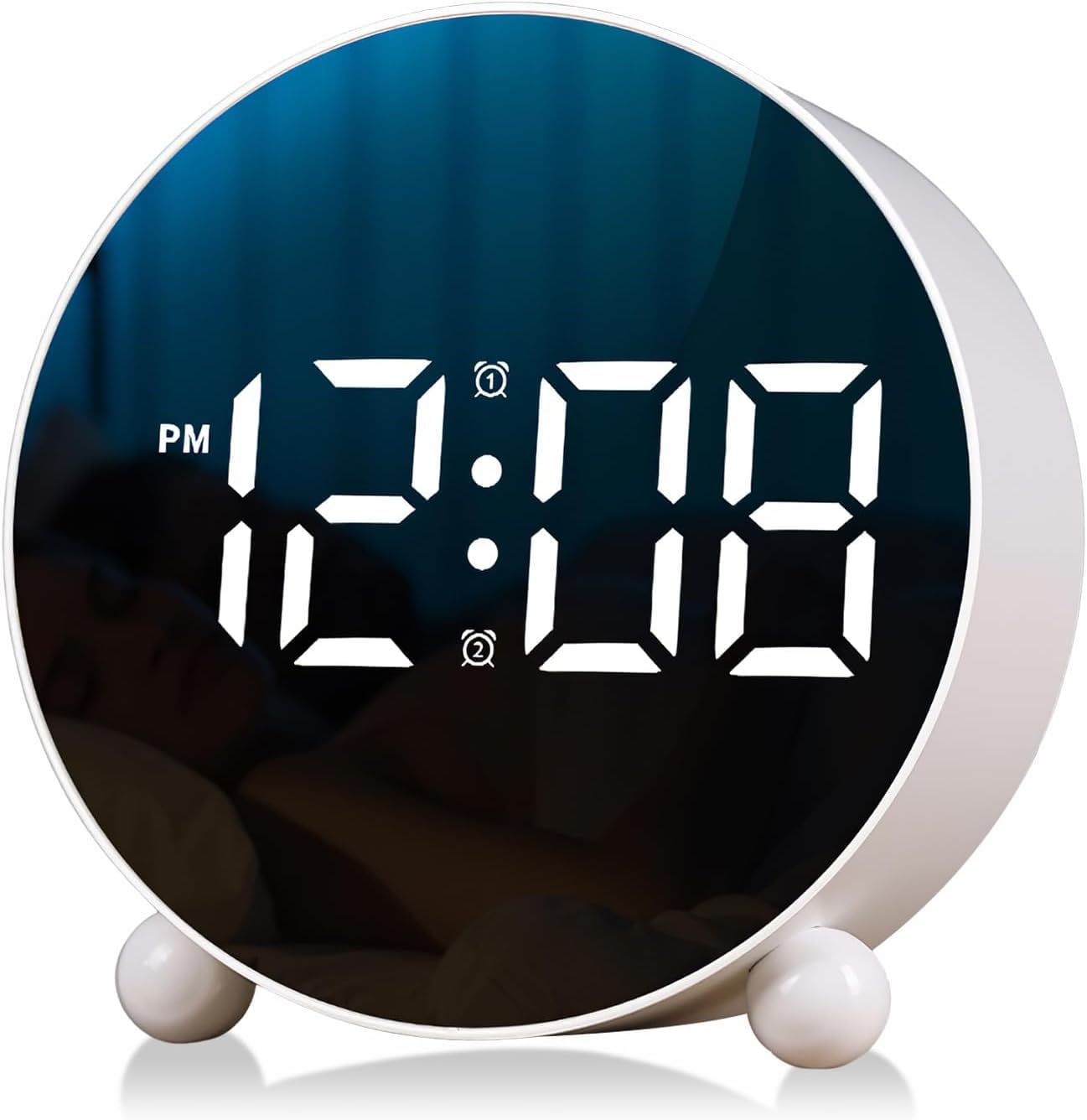 Zeinwap Digital Alarm Clock with Round LED Display | Small Bedside Alarm Clock with Dual Bell, 3-Level Adjustable Brightness | Silent Desk Clock for Bedroom and Office | Corded/Battery (White)-image-48