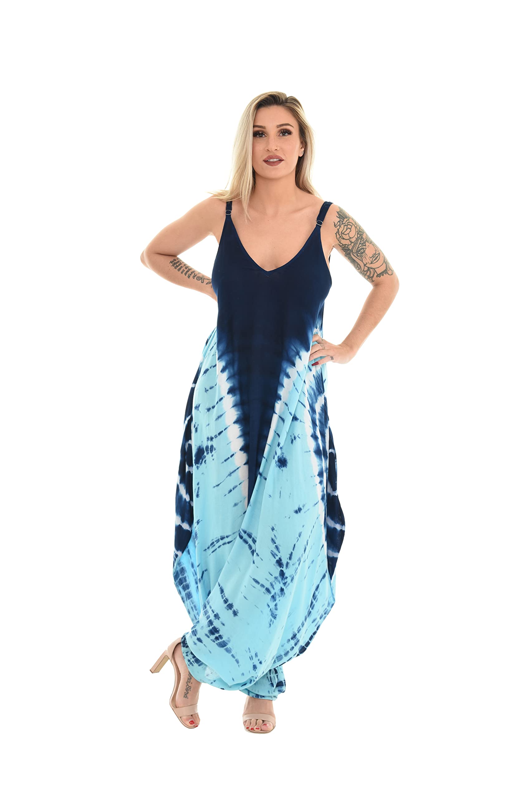 shoreline marine Shoreline Tie Dye Harem V Neck Sleeveless Jumpsuit Long Dress with Pockets, Blue-picture-33
