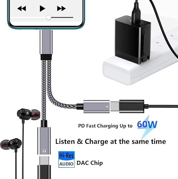 USB C Splitter 1 in 2 Out,Hi-Fi Audio Adapter,Dual USB C Headphone and Charger Adapter Support Call PD 60W Charge, Compatible with i-phone15 Series/Pixel 2XL/3XL/Galaxy S22 S21Note 20