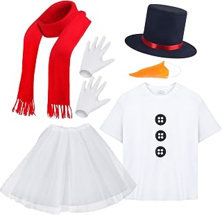 6 Pcs Christmas Adult Snowman Costume Kit Tutu Skirt Fake Carrot Nose Shirt Scarf Hat Gloves for Women Party Cosplay