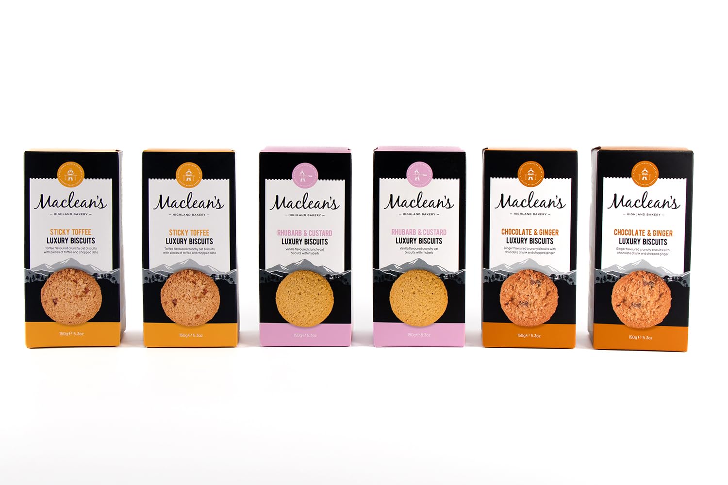 Maclean'sHighland Bakery - Luxury Biscuit Collection, 6 Packs x 150g (900g) - Sticky Toffee, Rhubarb & Custard, Chocolate & Ginger, Crunchy Scottish Luxury Biscuits