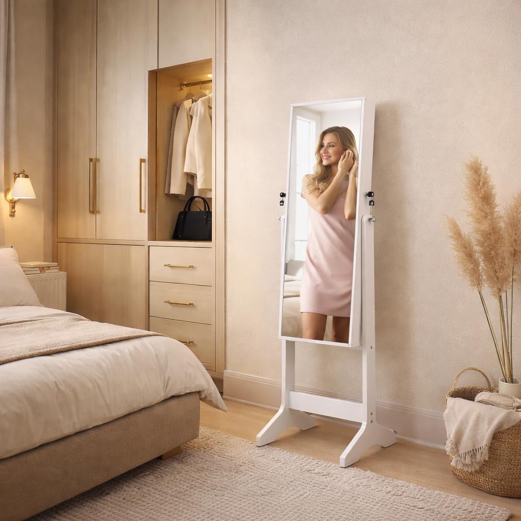 Espejo Joyero de Pie con Cerradura 155x41x37cm Armario Organizador