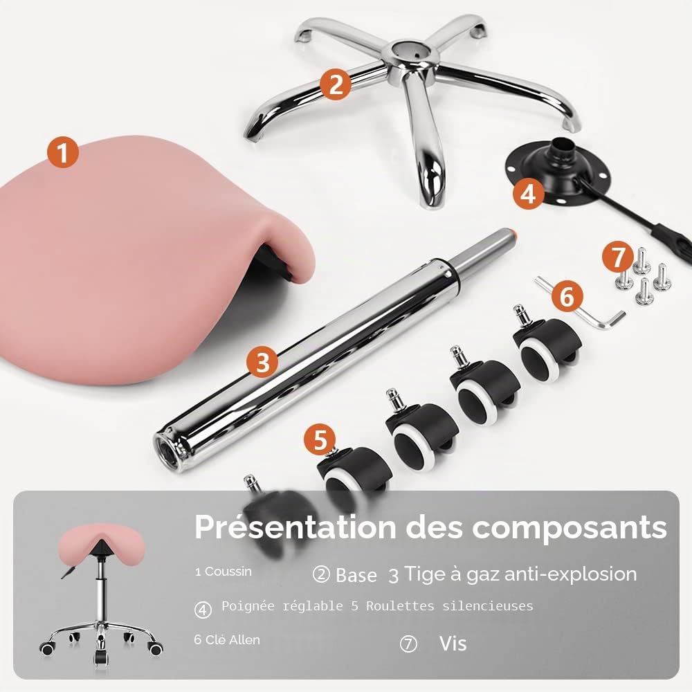 KKTONER Tabouret Selle de Cheval Tabouret à roulettes réglable en Hauteur 45-61 cm en Cuir PU Rose