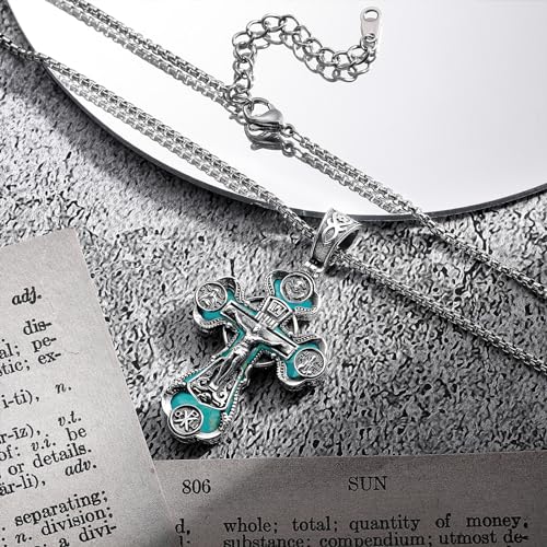 Orthodox Cross Necklace, Silver Crucifix Cross for Men Women Turquoise Jesus & Virgin Mary Cross Pendant Necklaces Christian Religious Jewelry Gift2