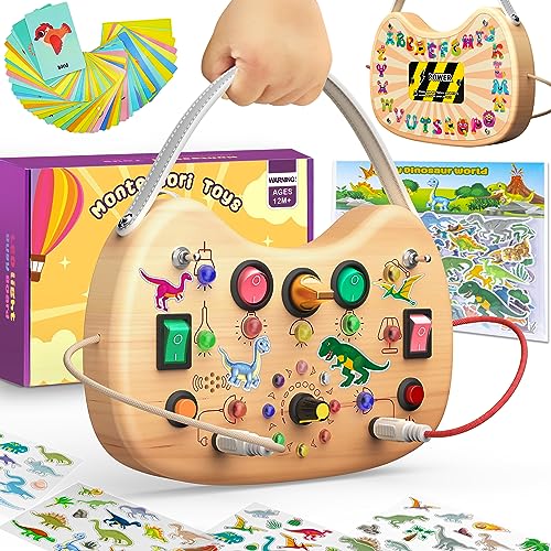 Image of Montessori Busy Board for Baby, Busy Board for Toddlers Toys, Wooden Autism Sensory Toys with Animal Cards, Dinosaur Stickers, Toddler Educational Activity Travel Toys for Boys and Girls 1+