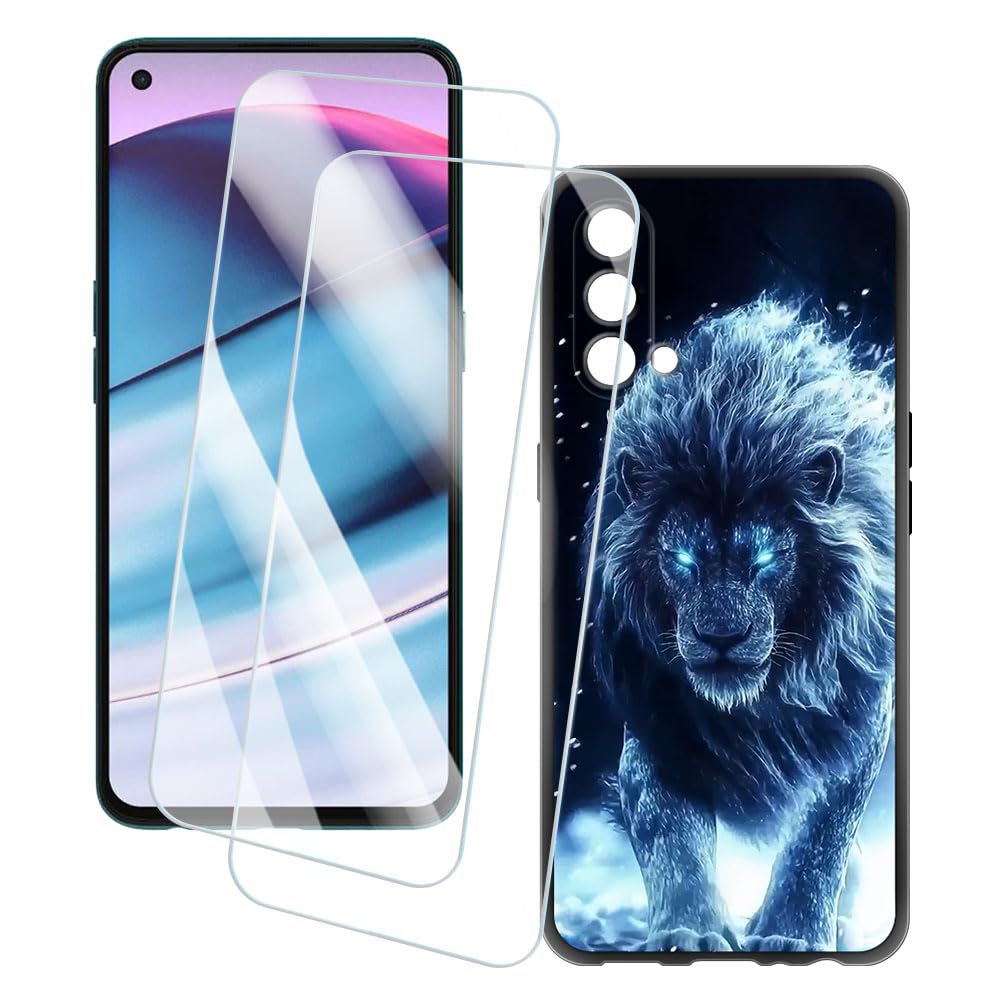 2 Pack Screen Protector + Case Compatible with Oneplus Nord Core 5G (6.43 inch) Case Artistic Custom Printed Cover and Tempered Glass Film Anti-Scratch (Lion)
