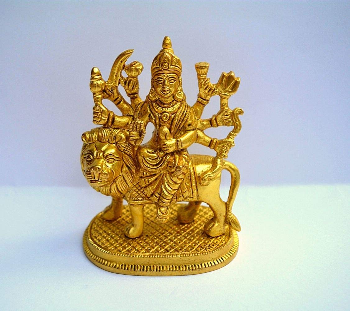 Durga MATA Brass Idol (4.25-Inch) – Hindu Goddess Murti for Home Puja Mandir, Temple Decor, Sitting on Lion, Blessing Statue, Indian Handicraft, Symbol of Strength & Protection