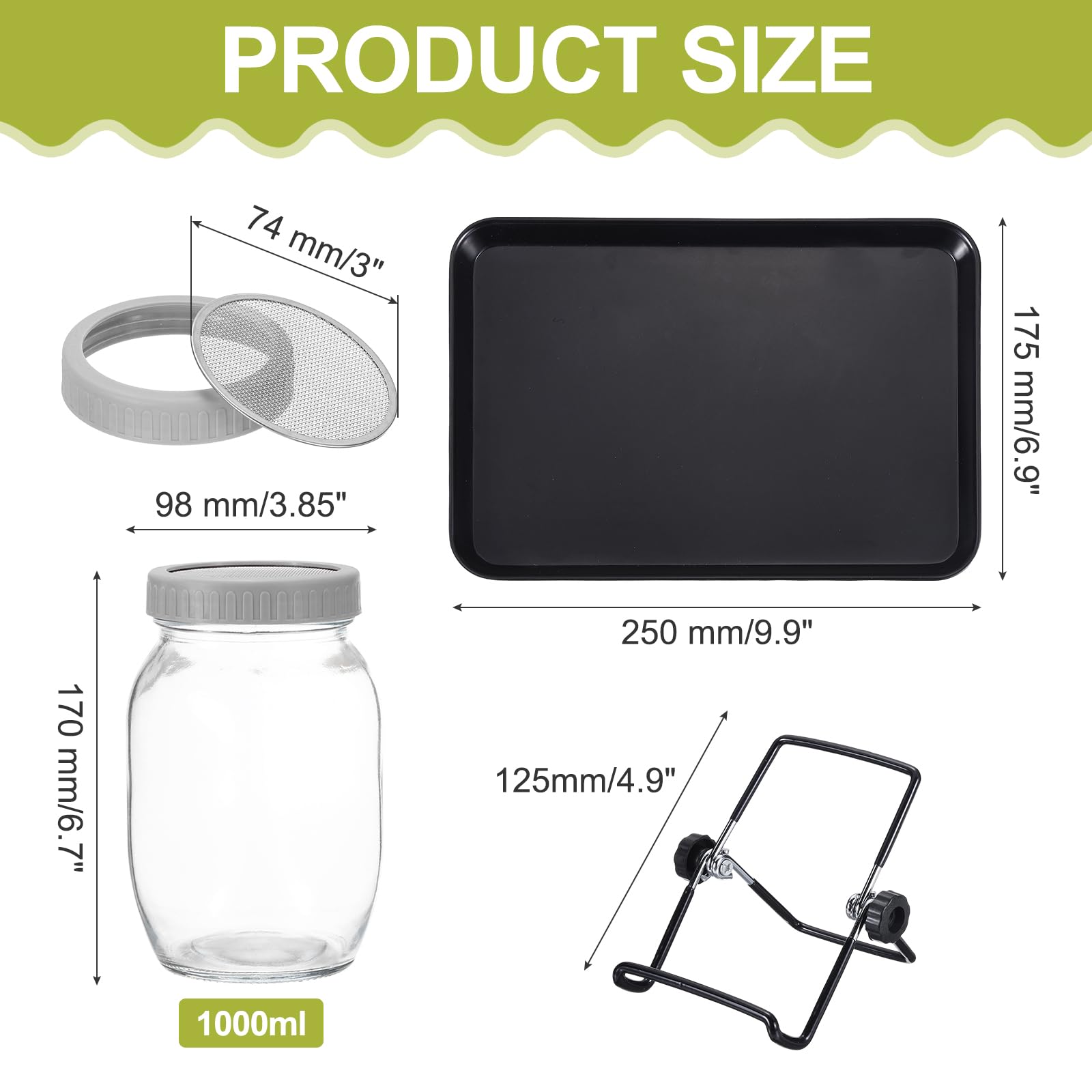 QUARKZMAN 2Pcs Bocal de Germination Pot de Germination avec Couvercles Tamis en Acier Inoxydable Plateaux de Culture pour Germes, Cresson et Micro-Pousses avec Guide et Support, Gris