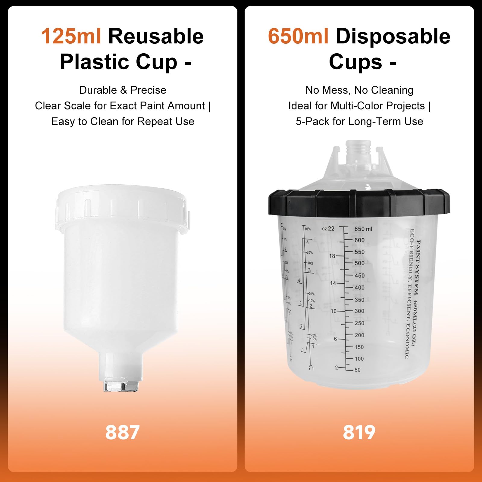 819 HVLP - Kit de pistola de pulverización de aire, 2 pistolas de pintura de alimentación por gravedad con boquillas de 1,3/1,7 mm y 0,5/0,8 mm, 5 vasos de pintura desechables de 650 ml y taza de 125