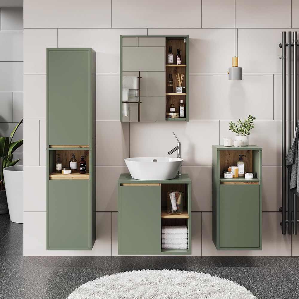 Vicco Armario con Espejo de baño Viola, Verde/Artesano, 60 x 75 cm | con estantes abiertos, apto para montaje en pared para uso en el baño