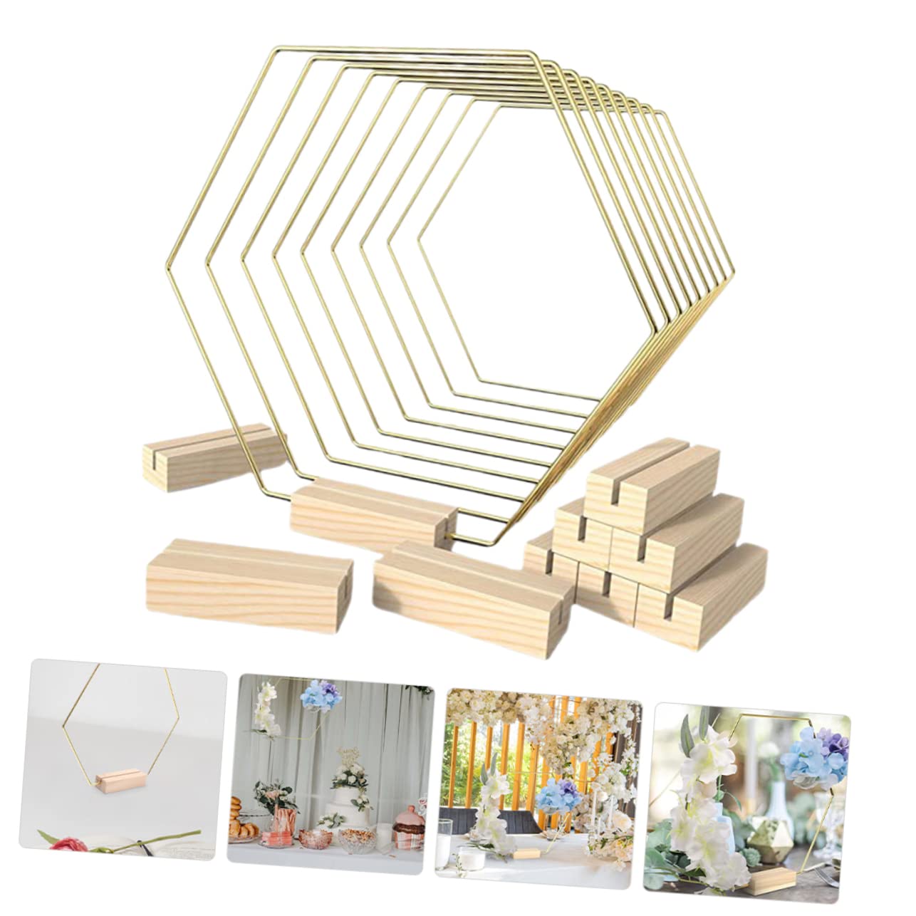 Sechseckige Metallkränze mit Holzsockel für Hochzeit | Gold, Selbstgemacht Bastelbedarf für Zuhause, 10 Stück im Paket, Passend für Dekorative Arrangements