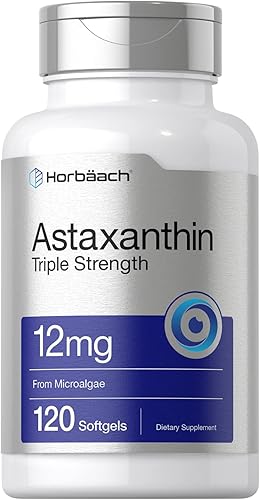 Horbäach Suplemento de astaxantina | 12 mg | 120 cápsulas blandas | Triple fuerza | de microalgas | Sin OMG y sin gluten