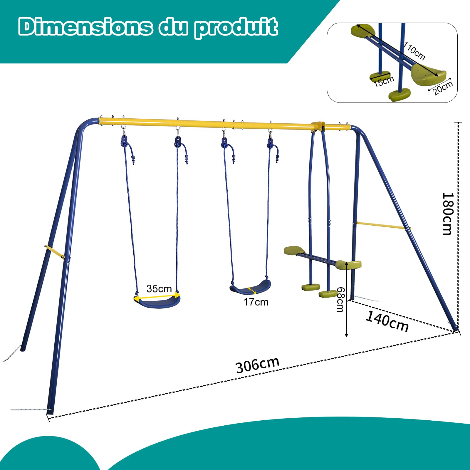 HLC Balançoire Jardin 3 en 1 - Multifonction avec Portique Métallique, avec 1 balançoire Face à Face et 2 sièges de balancelle, Charge maximale 250KG, Dimensions 322cm x 140cm x 180cm.