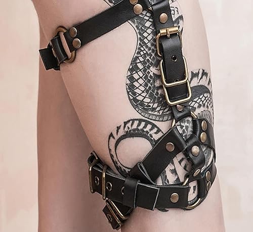 Miniatura 9 de Arnés de cuero para piernas, estilo punk, negro, ligueros, rave, club, fiesta, muslo, cadena para piernas, joyería para el cuerpo para mujeres