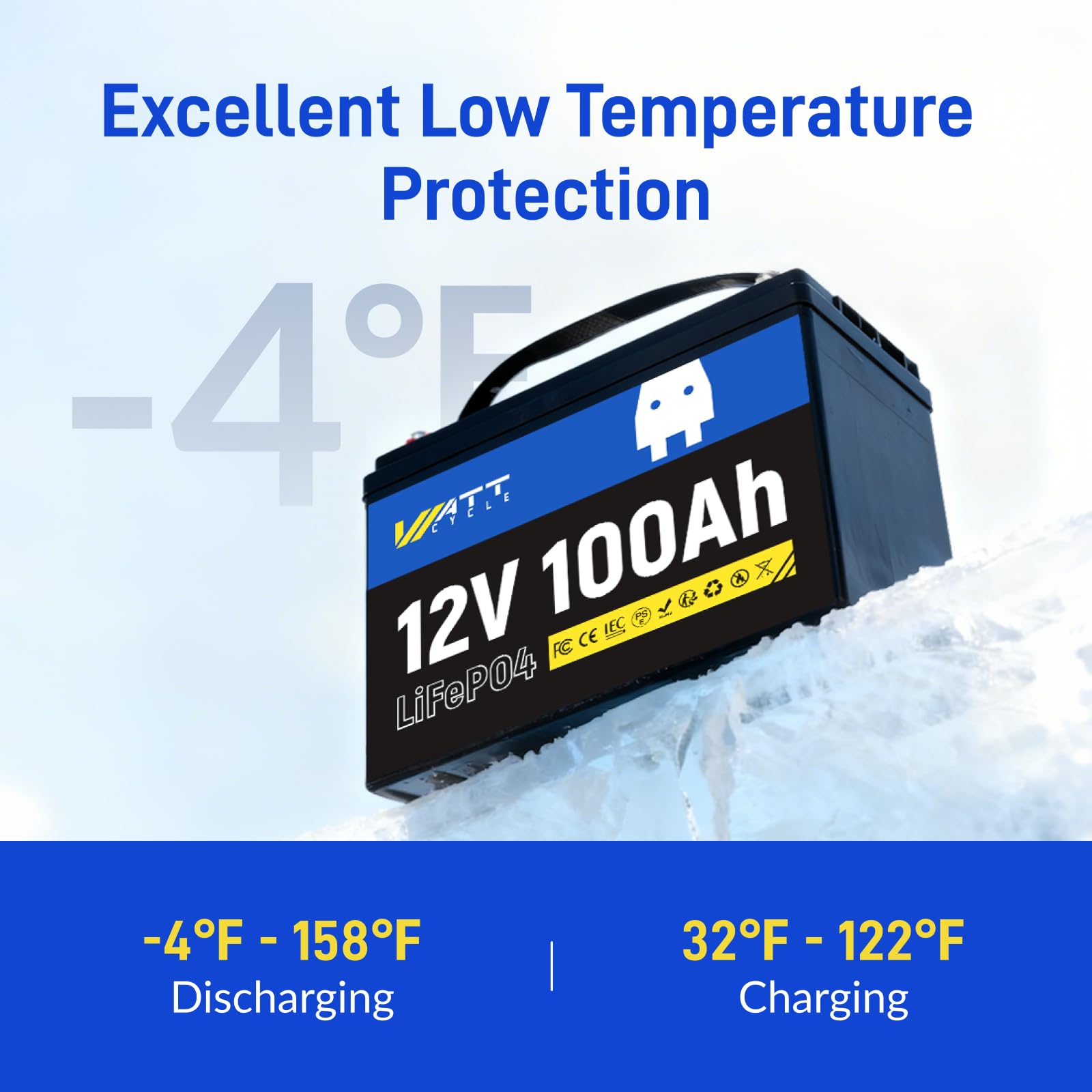 Wattcycle Batería de Litio LiFePO4 12 V 100 Ah, con BMS de 100 A, Protección contra Bajas Temperaturas, 1280 W, 8000-15000 Ciclos, para Autocaravanas y Sistemas Solares