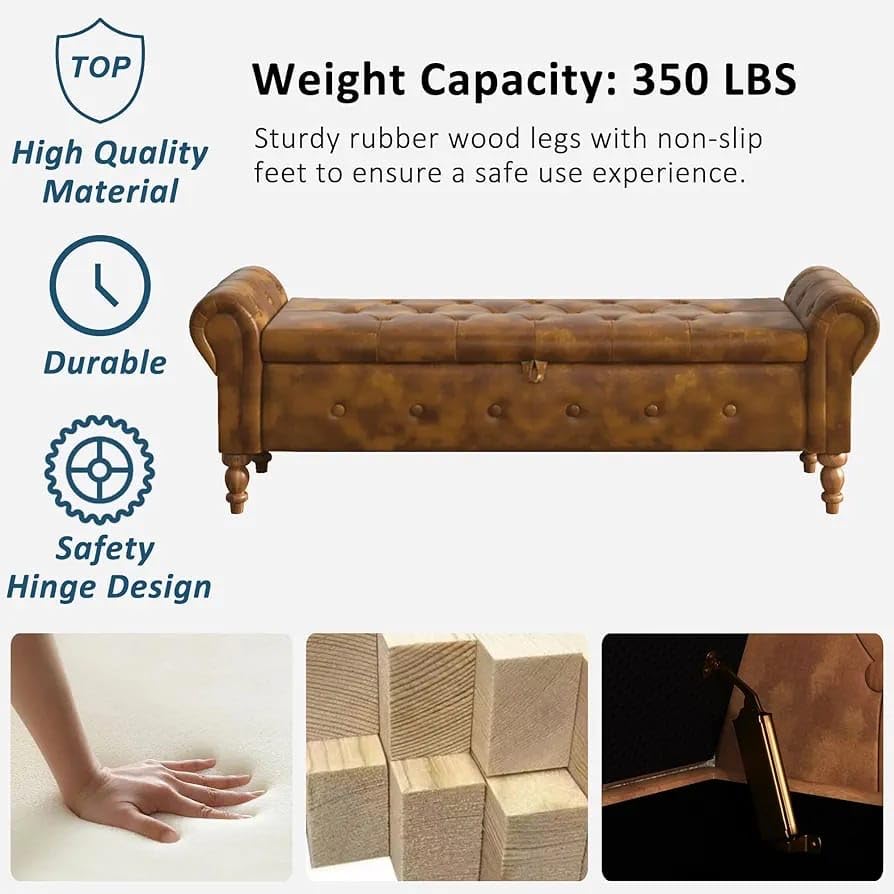 Image of LEGACY OF COMFORT F4 Velvet Upholstered Storage Bench 2 Seater Sofa Chaise Lounger or Living Room Bedroom Office (Brown)