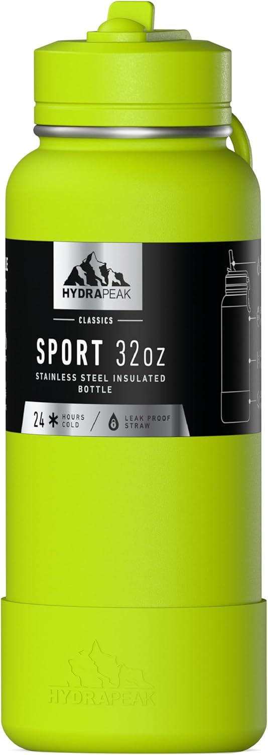 Hydrapeak 32oz Sport Insulated Water Bottle with Straw Lid, Leak & Spill Proof, Keeps Drinks Cold for 24 Hours, Hot for 12 Hours, Premium Stainless Steel Water Bottles (32oz, Neon Green)