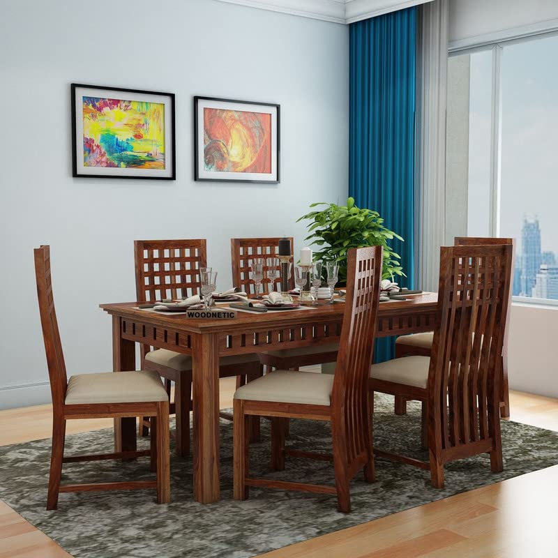 Solid Sheesham Wood Dining Room Sets 6 Seater Dining Table with 6 Cushioned Chairs for Dining Room, Living Room, Kitchen, Hotel, Restaurant, Cafeteria (Standard Honey Finish)-image-45