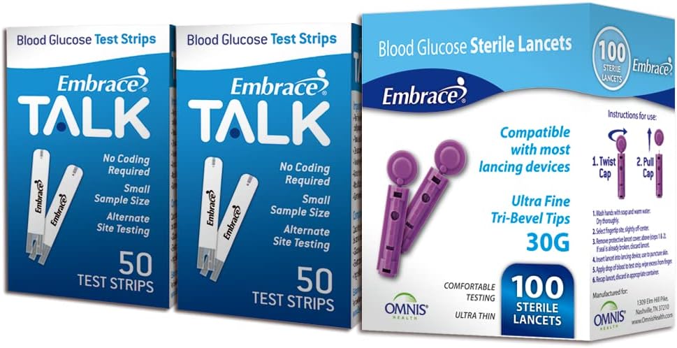 100ct Embrace Talk Blood Glucose Test Strips Includes 100 Lancets
