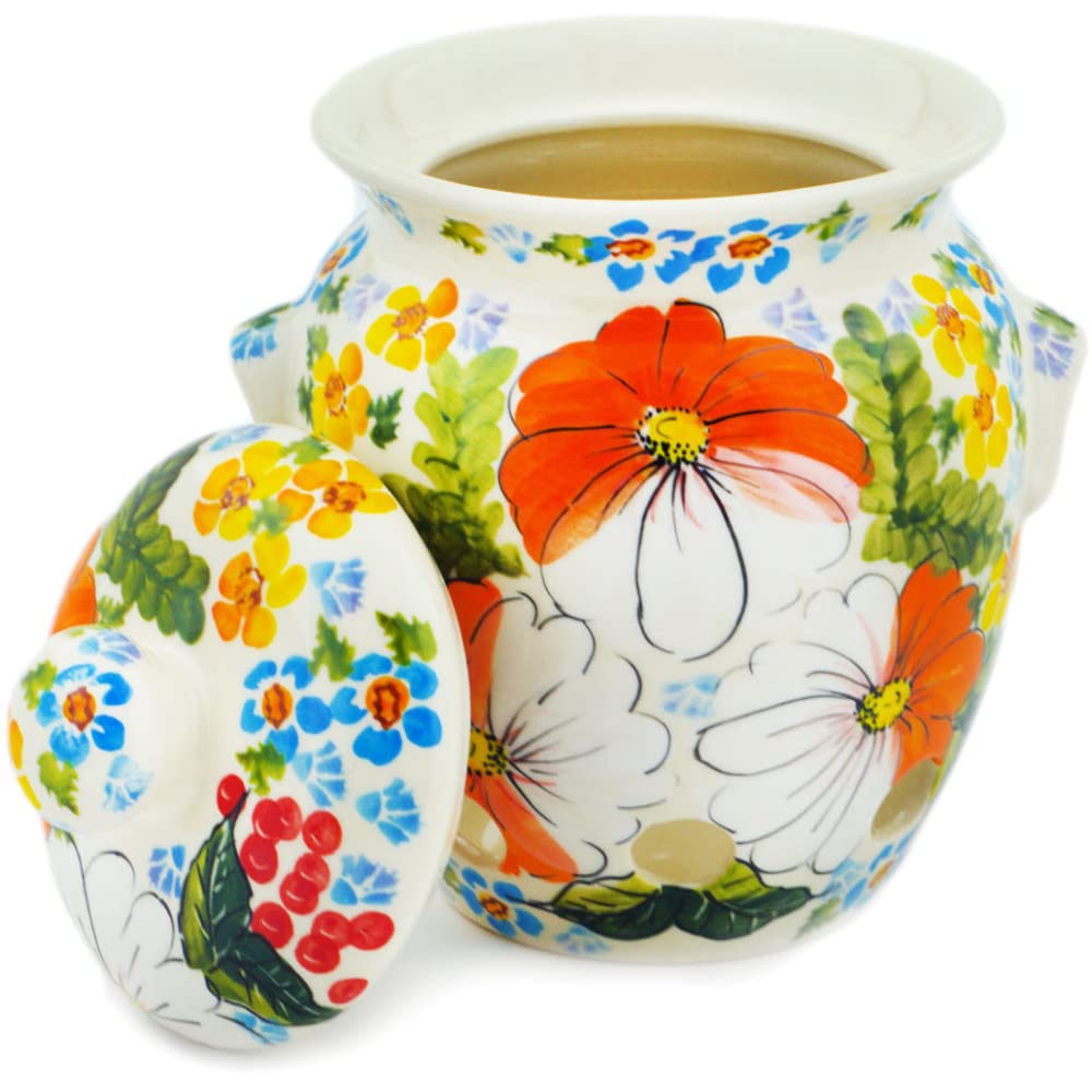 Authentic Polish Pottery 7-inch Garlic and Onion Jar (Summer Walk Theme) Signature UNIKAT + Certificate of Authenticity