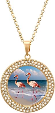 Round Flamingo On The Beach Diamond Necklace for Women Hypoallergenic Alloy Memorial Pendant Necklace with 20 Inch Adjustable Chain Dainty Jewelry Gifts for Mom Wife Girlfriend