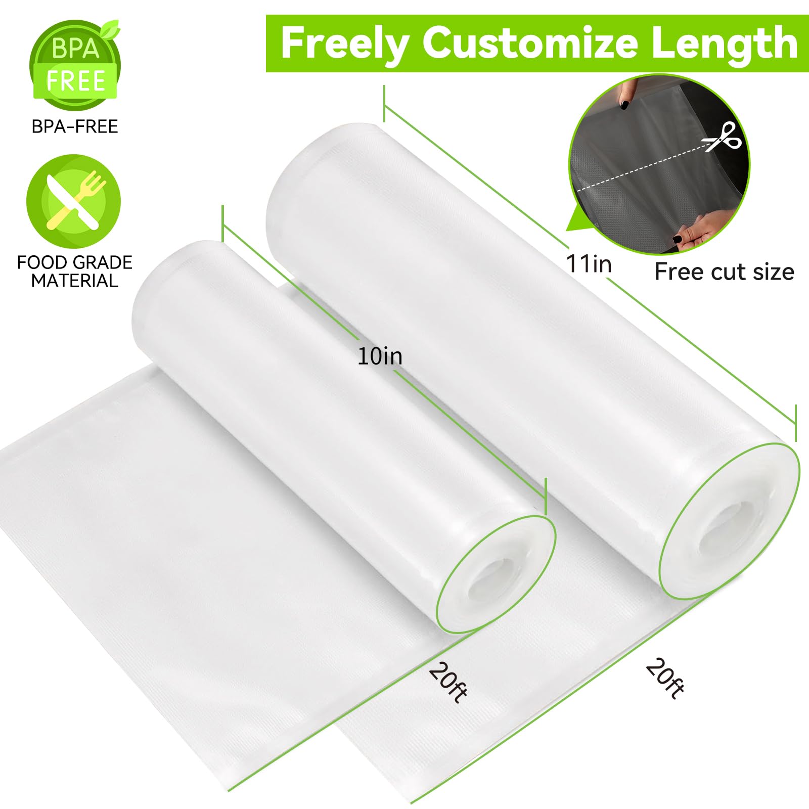 HytusCooking - Rollos selladores al vacío, paquete de 6, 3 rollos de 11 pulgadas x 20 pies y 3 rollos de 10 pulgadas x 20 pies, sin BPA, bolsas de almacenamiento de alimentos multicapa resistentes de