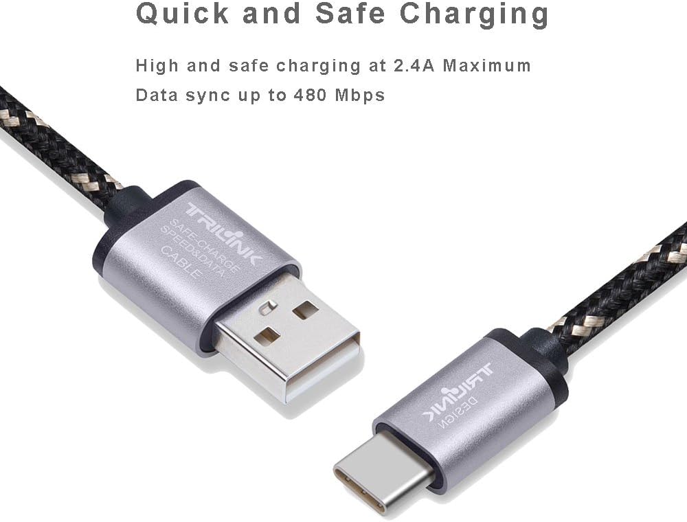 TRILINK USB Type C Cable, Comfortable Braided USB C Cable, Durable & High Speed USB 2.0 A Male to USB-C Sync and Charging Cables with 56k Resistor (6.6ft_Grey)