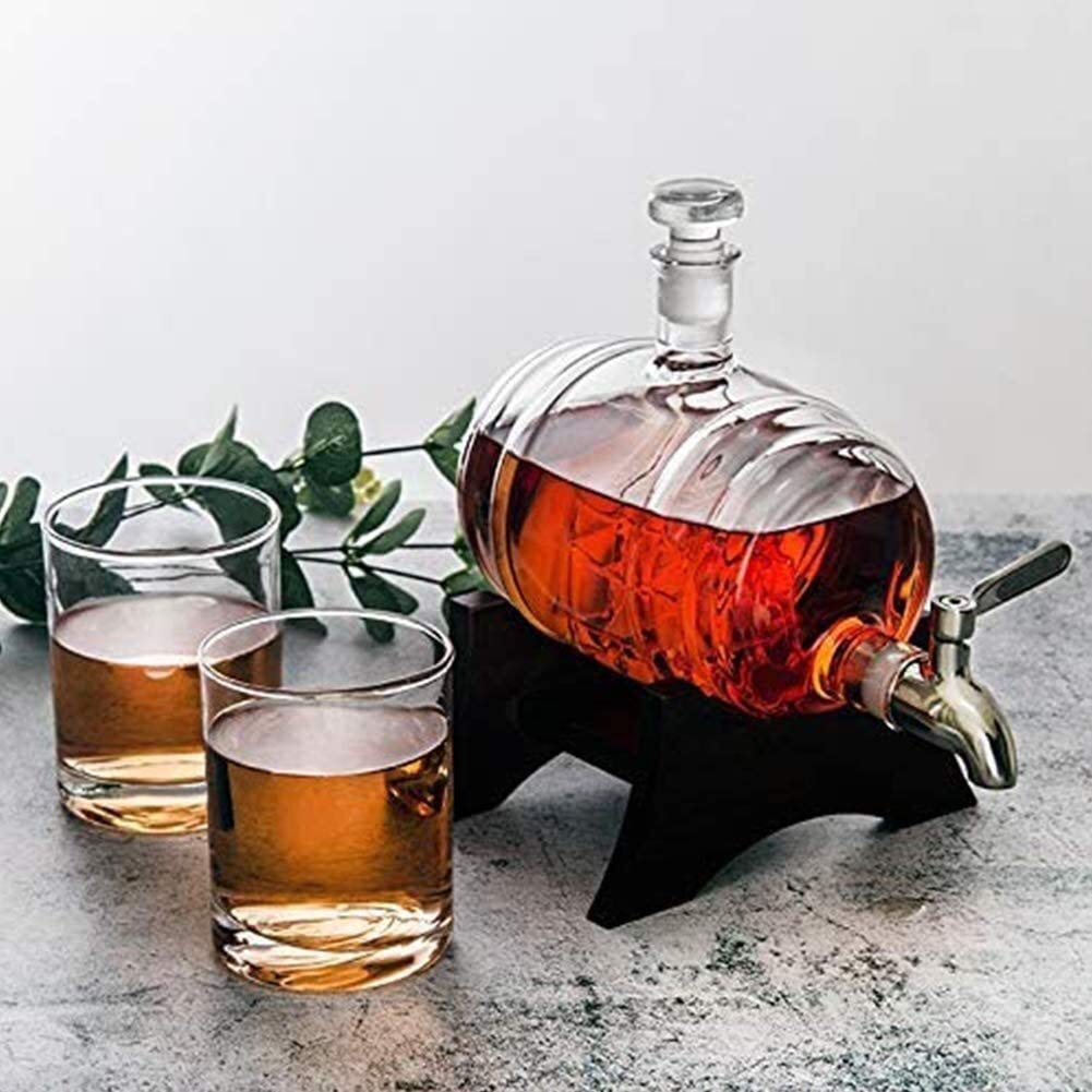 Dekanter na wino, regał na butelki z drewna, zestaw do whisky, szklany pojemnik 1000 ml, dekoracja stołu barowego, ręcznie wykonana, bezołowiowa (przezroczysta)
